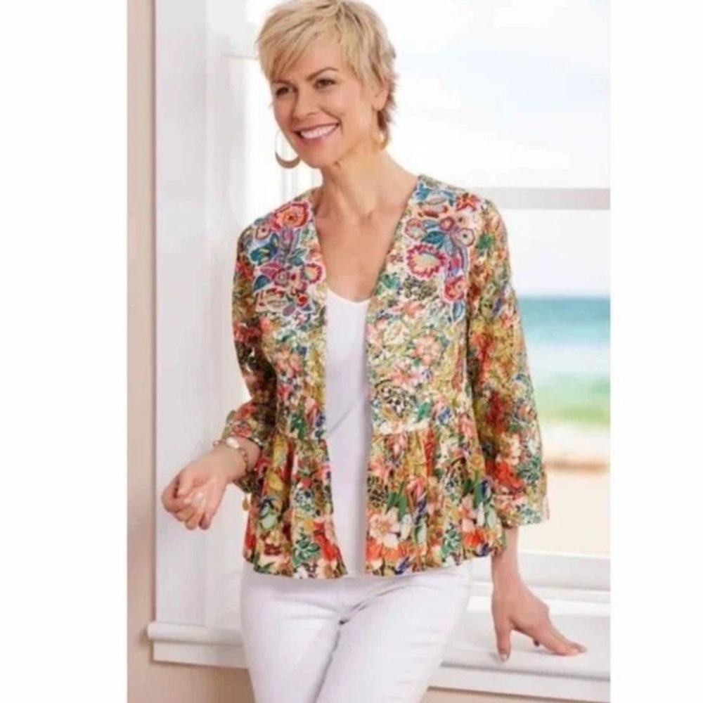 Soft Surroundings Ariege Lasercut Beaded Floral Embroidered Peplum Jacket